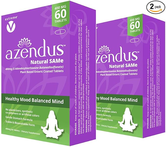 Azendus Mood 400mg 2-Boxes of S-Adendosylmethionine Butanedisulfonate (SAM-e) 120 Enteric Coated Tablets - Vegan, Gluten Free, Soy Free