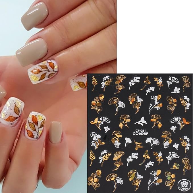 9 Sheets Fall Nail Stickers for Nail Art Maple Leaf Nail Decals Flower Tree Maple Leaves Design Decals D Self-Adhesive Glitter Gold Nail Sticker Thanksgiving Day Nail Art Stickers for Nails Tips