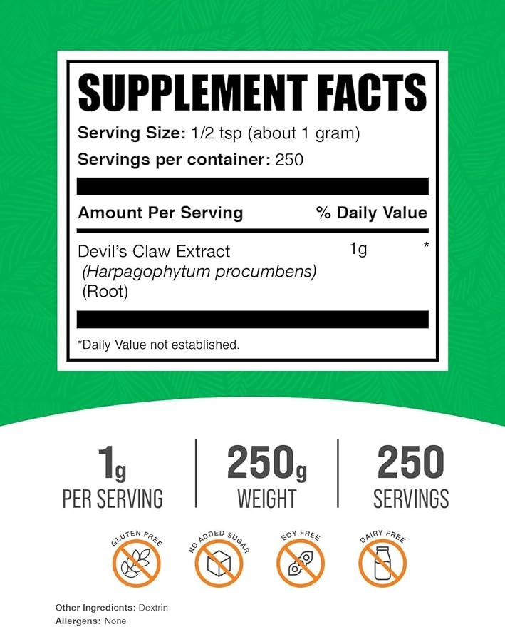 BulkSupplements.com Devil's Claw Extract Powder - from Devil's Claw Root, Herbal Supplement - Vegan & Gluten Free, 1g per Serving, 250g (8.8 oz) (Pack of 1)