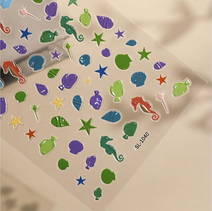 Summer Ocean Style 5D Embossed Dream Shell Starfish Jellyfish Beach Nail Stickers - DIY Nail Art Decorations for Summer Vacation A Set of 3 Sheets