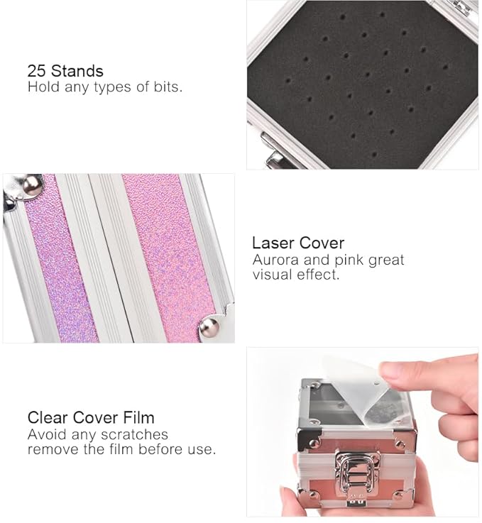 Professional 25 Holes Nail Drill Bits Box Container Nail Drill Grinding Bit Holder Nail Polish Head Storage Box Nail Tools Organizers Container Display Storage Box Manicure Tool (Silver)