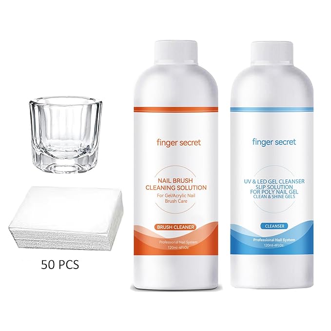 Slip Solution for Nail Gel Cleanser & Nail Brush Cleaner - Professional Nail Care Kit Ideal for Both Salon Professionals and Home Users.Includes Glass Cup and 50 Cotton Pads