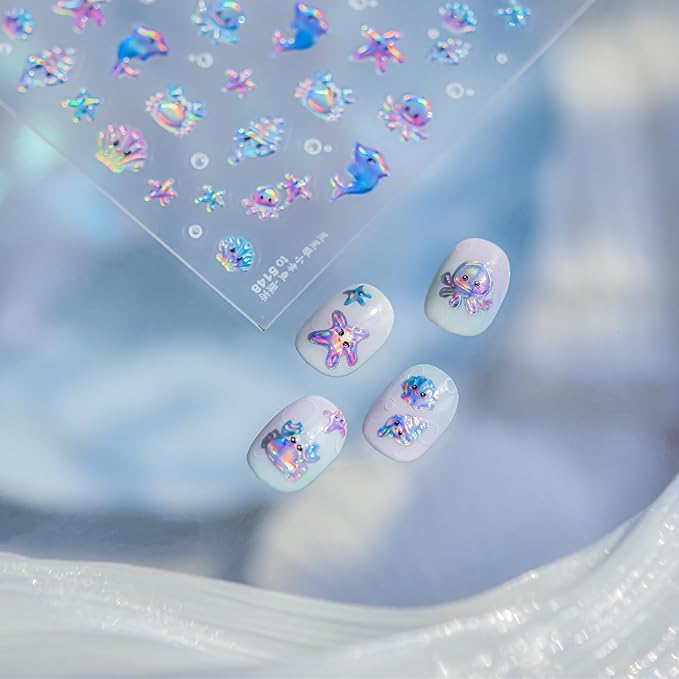 Summer Nail Art Stickers 5D Jelly Embossed Conch Shell Nail Decals Cute Jellyfish Crab Dolphin Starfish Nail Stickers Blue Ocean Animal Nail Supplies for Women Manicure Decoration 1 Sheets