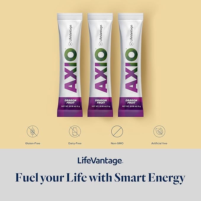 LifeVantage AXIO Regular Energy Drink Powder, Nootropic Supplement, Focus & Mood Support, with L-theanine, Green Tea, B Vitamins, DMAE, Quercetin & Pine Bark, Dragon Fruit, 30 Packets