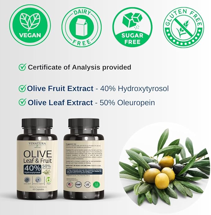Hydroxytyrosol Supplement, Olive Leaf Extract - 40% Hydroxytyrosol Olive Fruit Extract, 50% Oleuropein Olive Leaf Extract Capsules - 60 Capsules