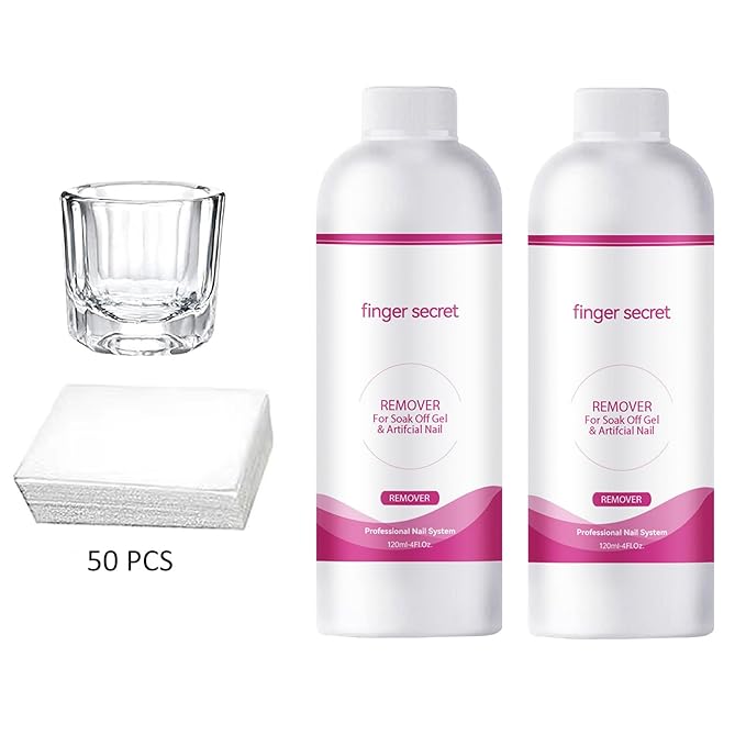 2 PCS Finger Secret Nail Polish Gel Remover with Glass Cup and 50 Cotton Pads - Professional Fingernail Polish Remover for Soak Off Gel and Artificial Nails.Removes Easily