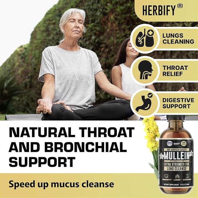 HERBIFY Mullein Drops - Lung Cleanse - Leaf Extract - Powerful Mullein for Immune Support, Detox & Respiratory Support - Made in USA - 4 Oz Vanilla Flavor