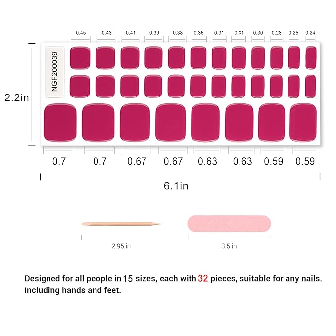 Semi Cured Gel Toenail Strips, 32 Rose Red Gel Toenail Stickers - Works with Any UV Lamps Pedicure Strips Full Nail Wraps with Nail File & Wood Stick