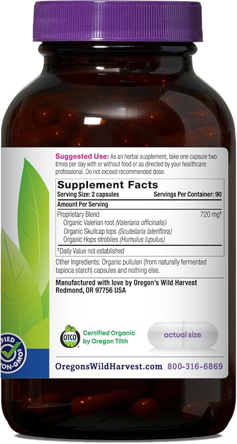 Oregon's Wild Harvest Muscle Relax Herbal Supplement Vegan Capsules with Valerian, Hops and Skullcap - USDA Certified Organic - 180 Count