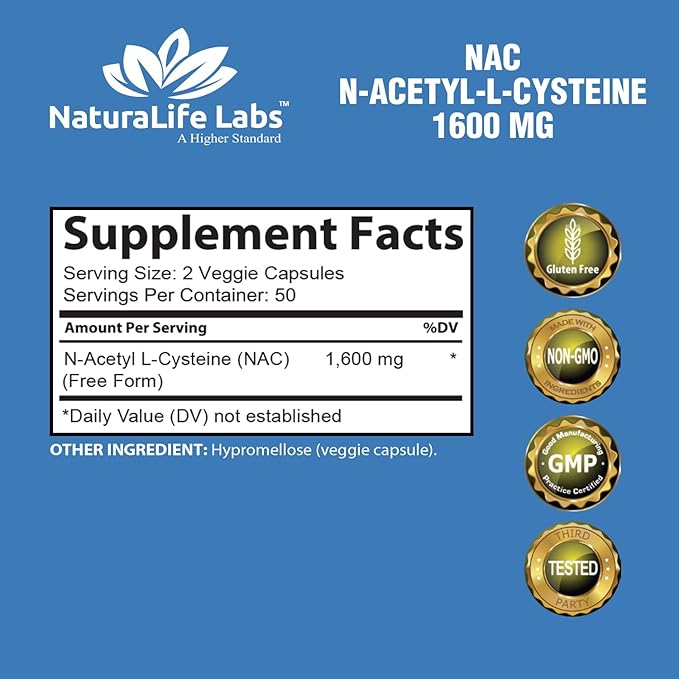N-Acetyl-L-Cysteine (NAC) 1600 mg – Immune Support & Antioxidant Protection*, Helps Neutralize Free Radicals, Free Form, Exercise Performance – 100 Veggie Capsules
