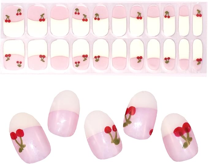 Semi Cured Gel Nail Strips Cute Cherry Gel Stickers French White Salon Quality DIY Nail Wraps Manicure Stickers for Easy Application