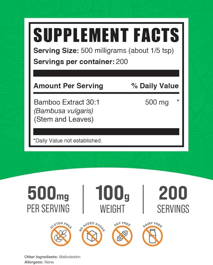 BulkSupplements.com Bamboo Extract Powder - Silica Supplements, Bamboo Supplement - Herbal & Gluten Free, 500mg per Serving, 100g (3.5 oz) (Pack of 1)