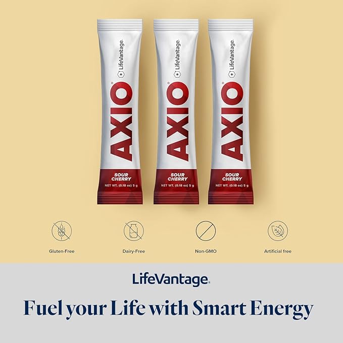 LifeVantage AXIO Regular Energy Drink Powder, Nootropic Supplement, Focus & Mood Support, with L-theanine, Green Tea, B Vitamins, DMAE, Quercetin & Pine Bark, Sour Cherry, 30 Packets