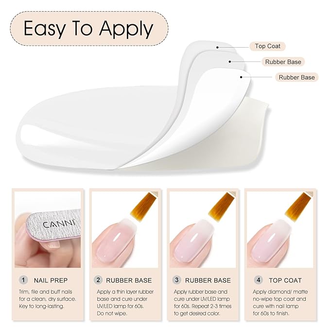 CANNI Rubber Base Gel - 9ml Clear Nail Strengthener Gel, Flexible Base Coat for Weak Nails, UV LED Soak Off Natural Look Manicure DIY Women