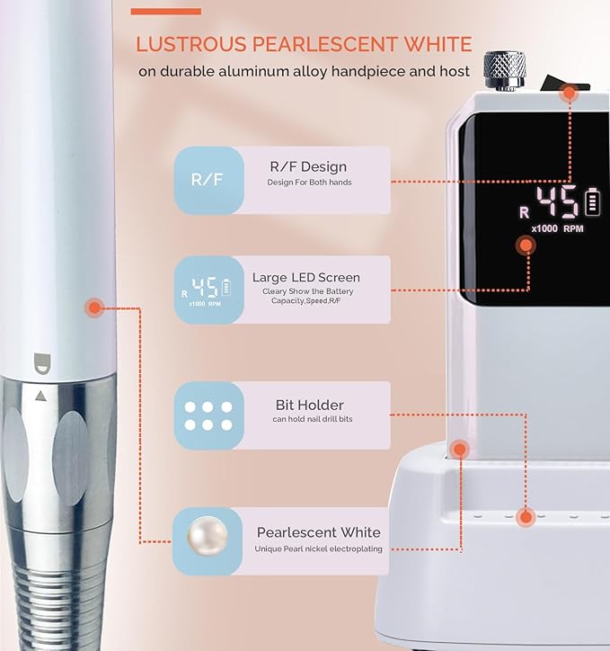 Professional Nail Drill Machine - Cordless Brushless Motor Nail File, 45000 RPM 2*3500mAh Portable Efile for Acrylic Gel Nails with 6 Bits & ETL-Certified USB Charger for Salon & Home