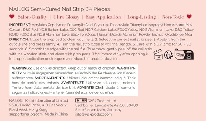 Nailog Semi Cured Gel Nail Strips 34 pcs | Long Lasting Nail Polish Sticker Wraps with Glossy Gel Finish | at Dust