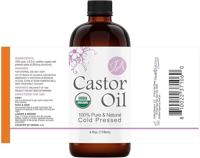 Healing Solutions Oils - 4 oz Castor Oil Organic Pure Natural, Cold Pressed, Hexane & Chemical Free Natural Solution, Lash Serum, Stimulates Growth For Hair, Eyelash, Eyebrows, Scalp & Beard - 118ml