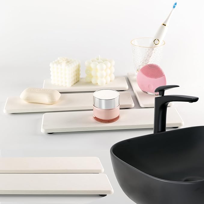 2 Pcs Water Absorbing Stone Trays, Kitchen/Bathroom Sink Soap Dish, Diatomite Tray Used for Hand Soap & Cosmetic Bottles in The Modern Home, 3.15" W x 11.8" L, White