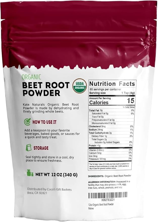 Kate Naturals Organic Beet Root Powder for Smoothies, Baking & Juice. Raw Beetroot Superfood Extract & Natural Red Food Coloring & Nitric Oxide (8oz, Non-GMO, Earthy Flavor)