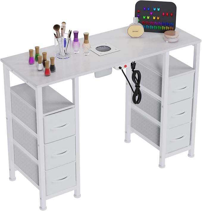 Manicure Table Nail Desk for Nail Tech, Nail Beauty Table w/Electric Dust Collector & 6 Storage Drawers & Open Shelves for Home, Workshop, Makeup Beauty Salon Workstation