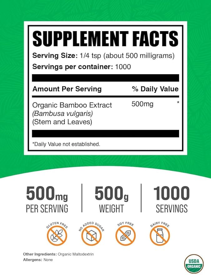 BulkSupplements.com Organic Bamboo Extract Powder - Silica Supplements, Organic Bamboo Powder - Herbal Supplement, Gluten Free, 500mg per Serving, 500g (1.1 lbs) (Pack of 1)
