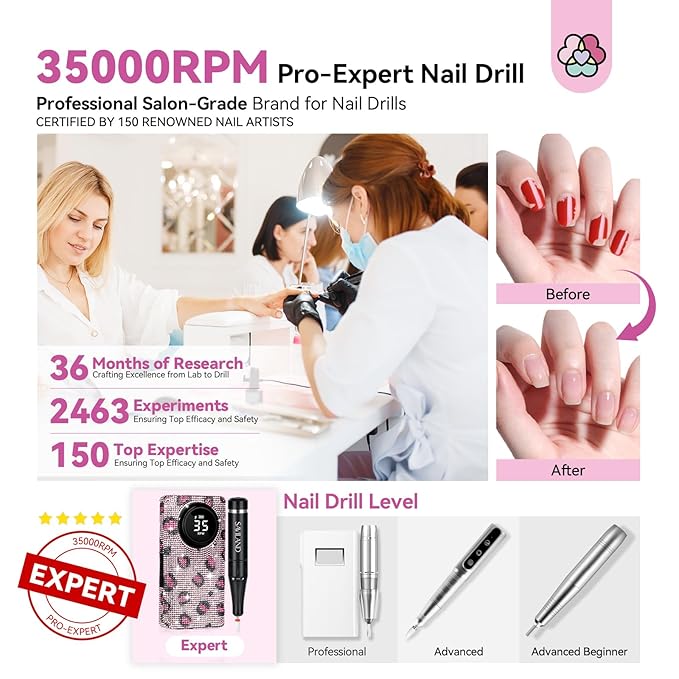 SAVILAND Professional Nail Drill for Nails Tech: Charming Pink Leopard Print 35000RPM Electric Acrylic Nail Drill Kit with 13 Drill Bits Rechargeable E-File Machine Expert Manicure Pedicure Salon Use