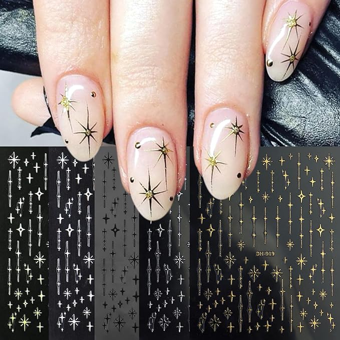 7 Sheets Star Lines Nail Art Stickers Decals Gold Silver Black White Nails Stickers for Nail Art Self-Adhesive Moon Nail Decals