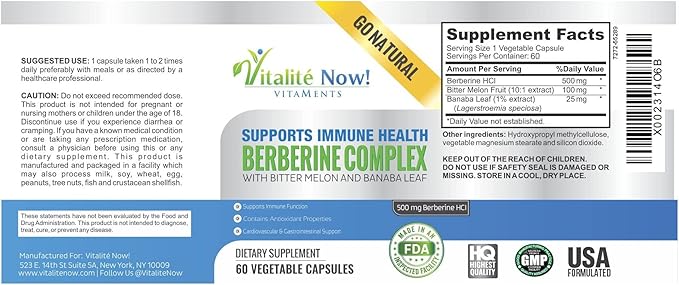 High Strength Berberine 500mg + Bitter Melon & Banaba - Immune System Health - Cardiovascular & Gastrointestinal Support - 60 Vegetarian Capsules