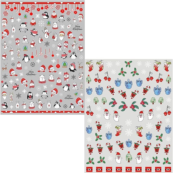 HNUIX Nail Stickers - 3D Christmas, Self Adhesive Nail Decals, Multi Colour Pattern, 10 Sheets, for Nail Art