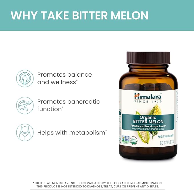 Himalaya Organic Bitter Melon - Herbal Glucose Metabolism Support - USDA Organic, Non-GMO, Vegan, Gluten Free, 660 mg, 60 Caplets (Pack of 2)
