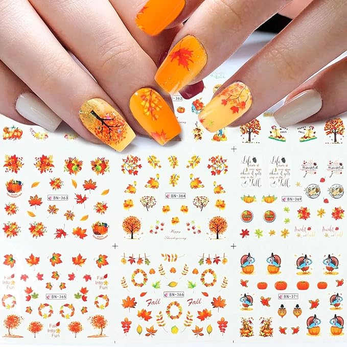 12 Sheets Fall Nail Art Stickers Thanksgiving Nail Decals Water Transfer Foils Maple Leaf Pumpkin Turkey Autumn Nail Stickers for Women Girls Kids DIY Fingernail Toenail Decoration Manicure