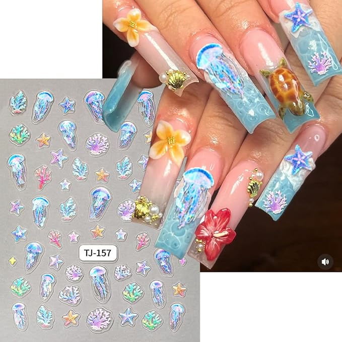 Shell Nail Stickers Jellyfish Nail Decals Starfish Nail Stickers for Nails Art Rainbow Conch Corals Design Summer Colorful Nails Art Sticker for Women Decoration Manicure Supplies 2 Sheet