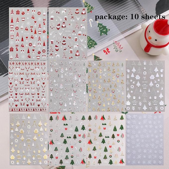 10 Sheets Christmas Nail Stickers for Nail Art, 3D Self-Adhesive Snowflake Nail Decals, Deer Elk Trees Nail Supplies Nail Art Designs Accessories for Women and Girls Manicure DIY Decoration