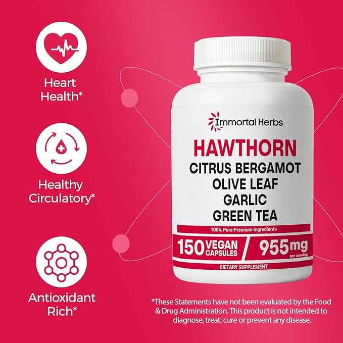 Hawthorn Berry Capsules, 6-in-1 Extract w/Olive Leaf, Citrus Bergamot, Garlic, Green Tea & Black Pepper, 150 Pills, Non-GMO & Gluten-Free Hawthorne Berry Supplement
