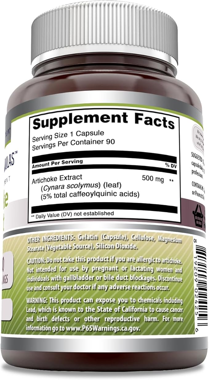 Amazing Formulas Artichoke Extract Supplement | Cynara Scolymus Leaf Capsules| 500 Mg | Capsules | Non-GMO | Gluten Free | Made in USA (1 Pack, 90 Count)