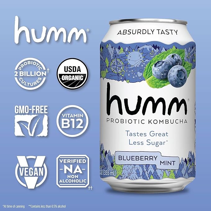 Humm Probiotic Kombucha The Original Variety 12 Pack, Organic, 2 Billion Probiotics for Gut Health, Mango Passionfruit, Blueberry Mint and Strawberry Lemonade