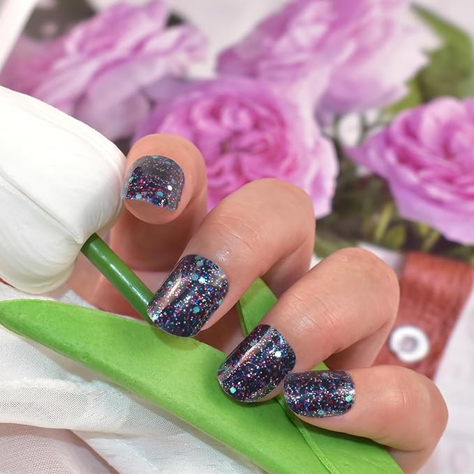 Semi Cured Gel Nail Strips Salon-Quality, Long Lasting Adhere Nail Art Stickers Decals (Sparkly Blue)