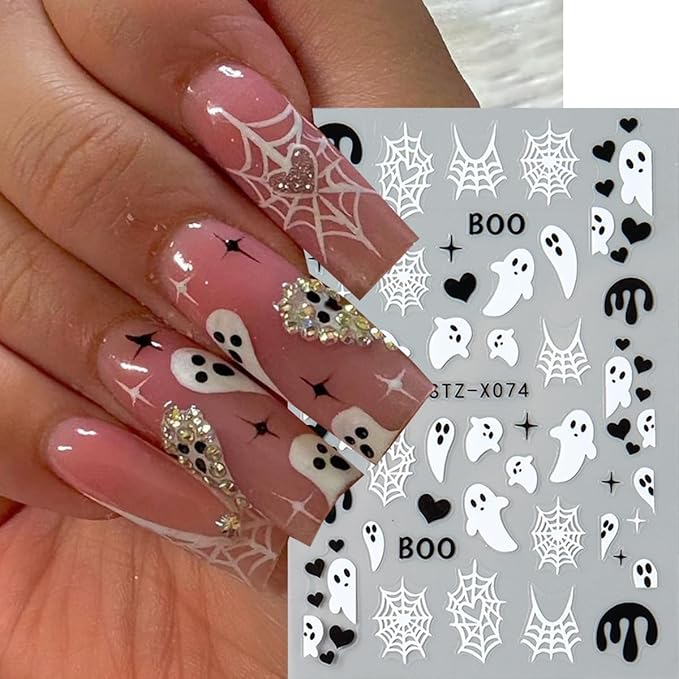 Halloween Nail Stickers 3D Self Adhesive Nail Art Stickers Ghost Nail Decals Spider Web French Tips Heart Flame Black White Design Spider Nails Sticker for Nails Art for Women DIY Manicure 6 Sheets