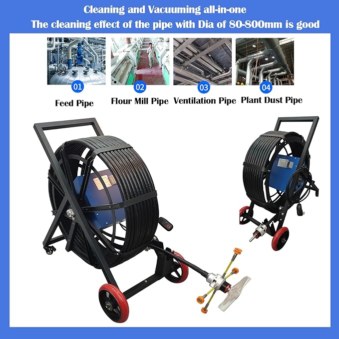 110V Air Duct Cleaning Machine Pipeline Cleaning Machine 0~1000r/min Brush Speed 3 Rotary Brush Flexible Shaft Dust Collector for Dia 80-800mm Industrial/Workshop/Air Conditioning Pipe