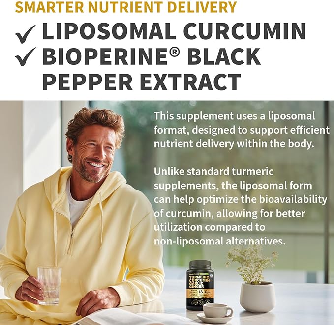 Liposomal Turmeric - High-Absorption Curcumin Supplements, Non-GMO Blend for Digestive Comfort & Daily Support - Organic Turmeric Supplement with Black Pepper (120ct, Pack of 1)