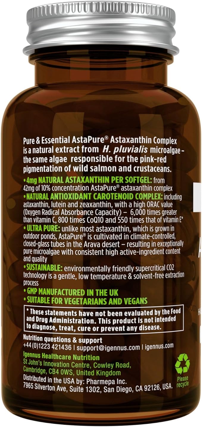 Igennus Vegan Astaxanthin 4mg Complex with Lutein and Zeaxanthin, 90 Small Softgels, from 42 mg Astapure, Natural Algae Antioxidant for Eyes, Skin & Joints, Non-GMO, H. Pluvialis