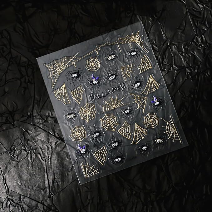 Spider Spider Web Nail Stickers for Nail Art 3D Glitter Gold Spider Web Black Spiders Nail Decals Design Stickers Acrylic Nails Tips DIY Manicure Decoration Supplies for Halloween and Daily Nails