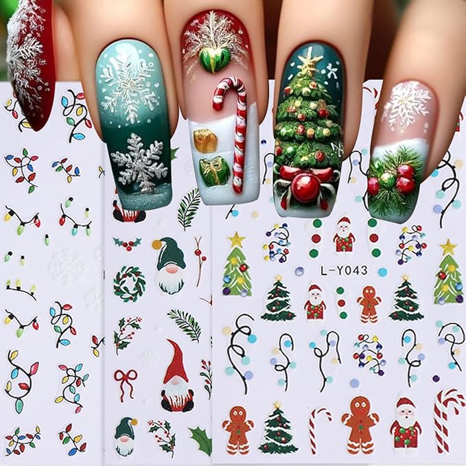 6 Sheets Christmas Nail Stickers 5D Embossed Holly Nail Art Stickers Snowflake Xmas Tree Santa Claus Candy Cane Designs Colorful Light String Nail Decals for Women DIY Acrylic Manicure Decoration