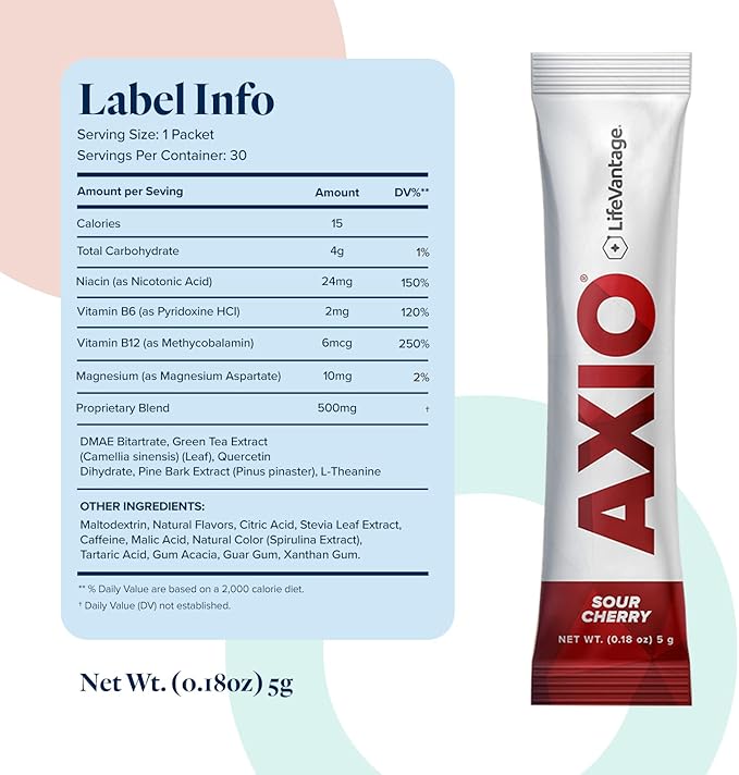 LifeVantage AXIO Regular Energy Drink Powder, Nootropic Supplement, Focus & Mood Support, with L-theanine, Green Tea, B Vitamins, DMAE, Quercetin & Pine Bark, Sour Cherry, 30 Packets