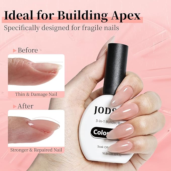 JODSONE Rubber Base Builder Gel for Nails,16.5ML 3-in-1 Nude Pink Rubber Base Gel Polish,Base Color & Builder Gel for Nails in One,for Nail Thickening Solution Strengthen,Apex Building,Enhance
