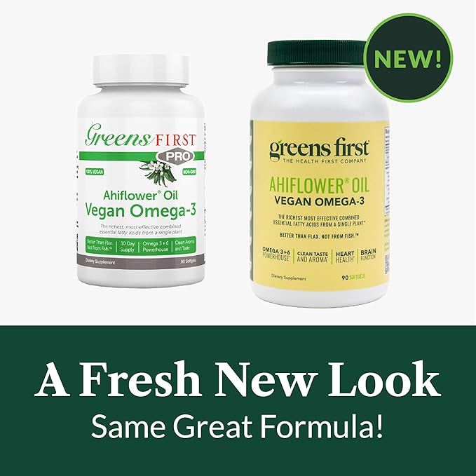Greens First Ahiflower Oil Plant-Based Omega-3 Supplement – Vegan Omega-3 to Support Brain, Immune, Joint & Heart Health - Essential Fatty Acids - Gluten-Free/Dairy-Free/Soy-Free (90 Softgels)