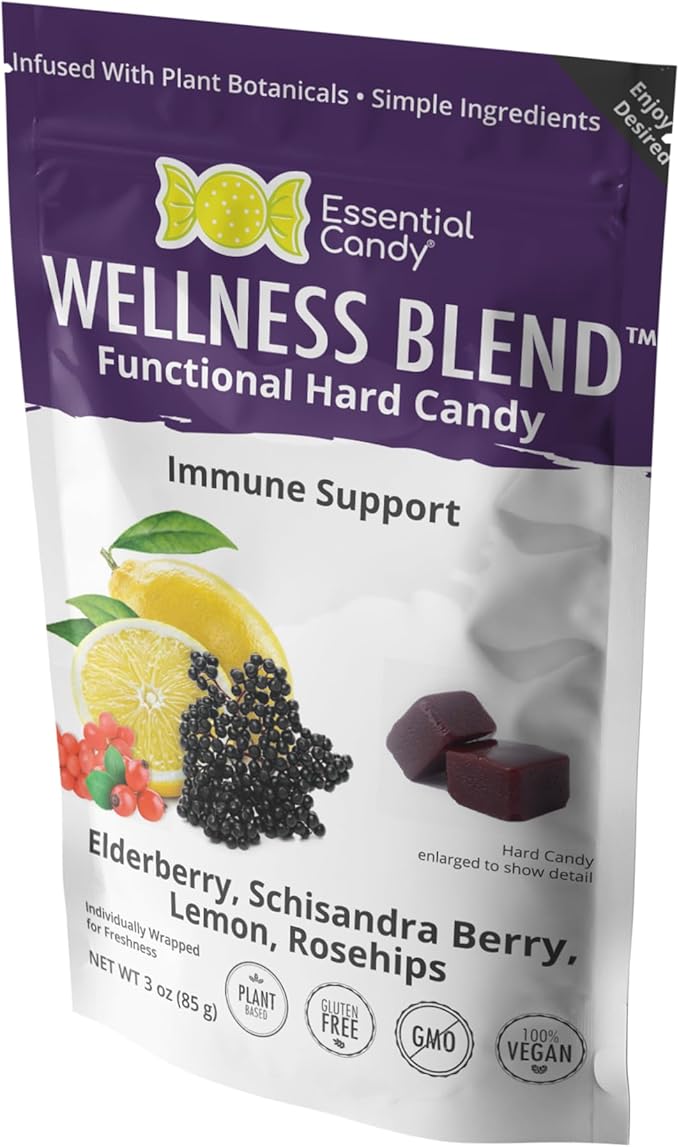 Wellness Blend Functional Hard Candy | Immune Health | Organic Elderberry, Schisandra Berry, Lemon, Rosehips | Gluten-Free, Non-GMO, Vegan - 24 Count (Pack of 1)