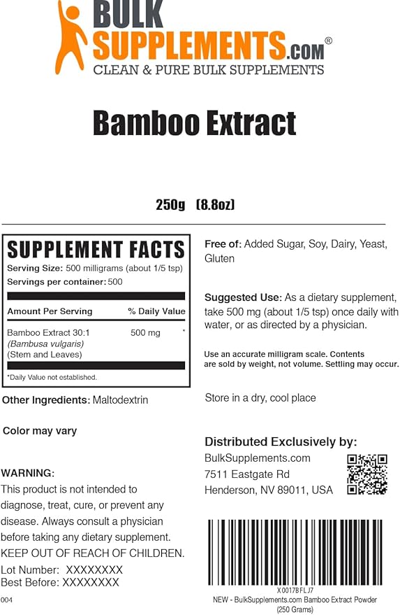 BulkSupplements.com Bamboo Extract Powder - Silica Supplements, Bamboo Powder - Herbal Supplement, Gluten Free, 500mg per Serving, 250g (8.8 oz) (Pack of 1)