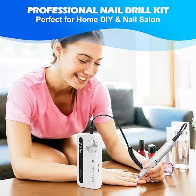 Professional Nail Drill, 35000RPM Electric Nail File, Rechargeable Cordless Machine, Nail Drill Kit with Bits, Portable Electric Nail Filer Manicure Pedicure (White)