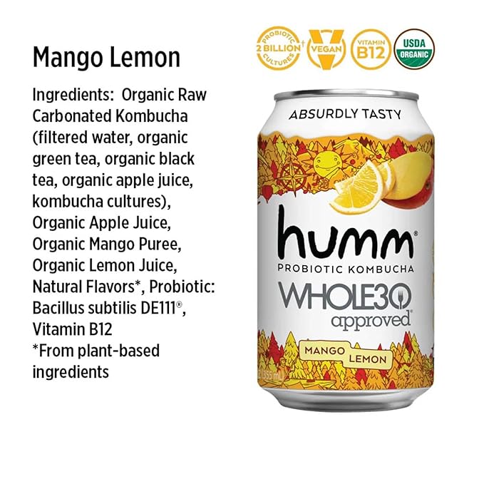 Humm Whole30 Approved Kombucha Citrus Variety Pack, Ruby Red Grapefruit, Mango Lemon, Organic, Vegan & GMO Free (12 Pack)